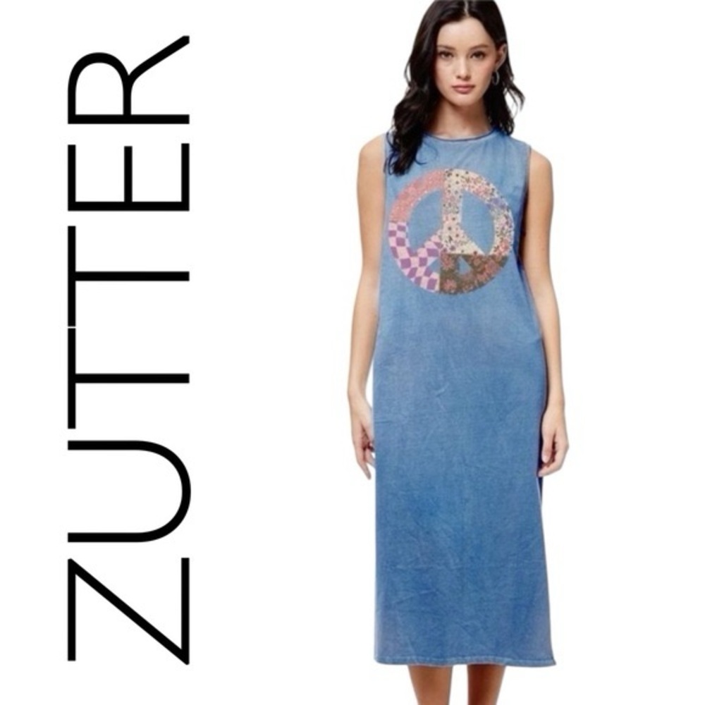 Zutter NWOT Bohemian Blue Peace Sign Maxi Dress with Side Slit